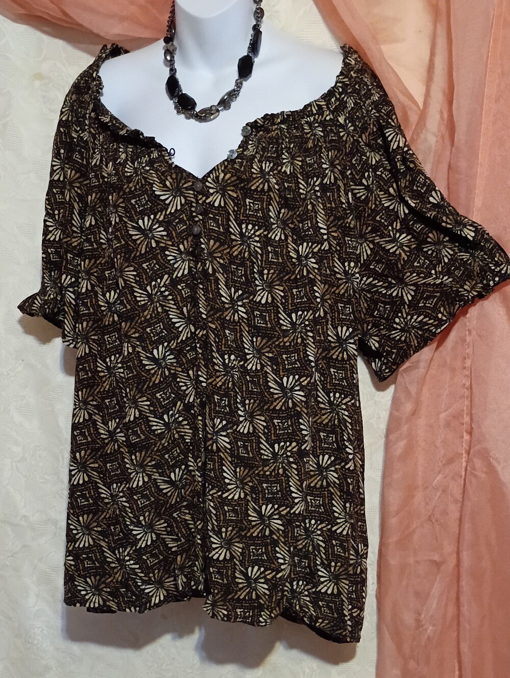 Terra & Sky Ladies Black and Cream Geo Print Tunic Sz 2X